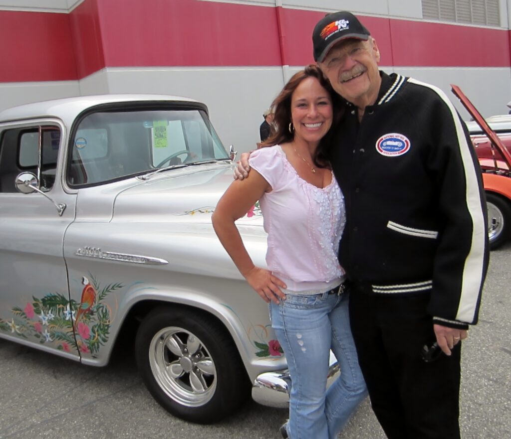 Dave McClelland with San Diego’s Hot Rod Holly, who showed her ’56 “Chevrolei” pickup.