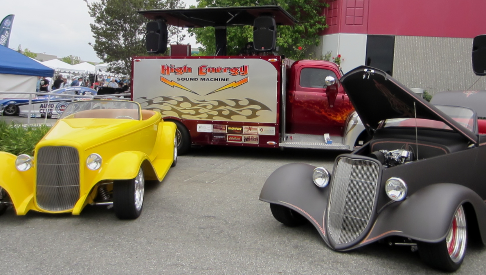 The 1933 Ford Boydster Roadster “Ratster” staged with the High Energy Sound Machine. DJ Brett Harrell’s rig is a 1951 Ford F7 Big Job has been fully modernized, including a 460 cubic inch V8