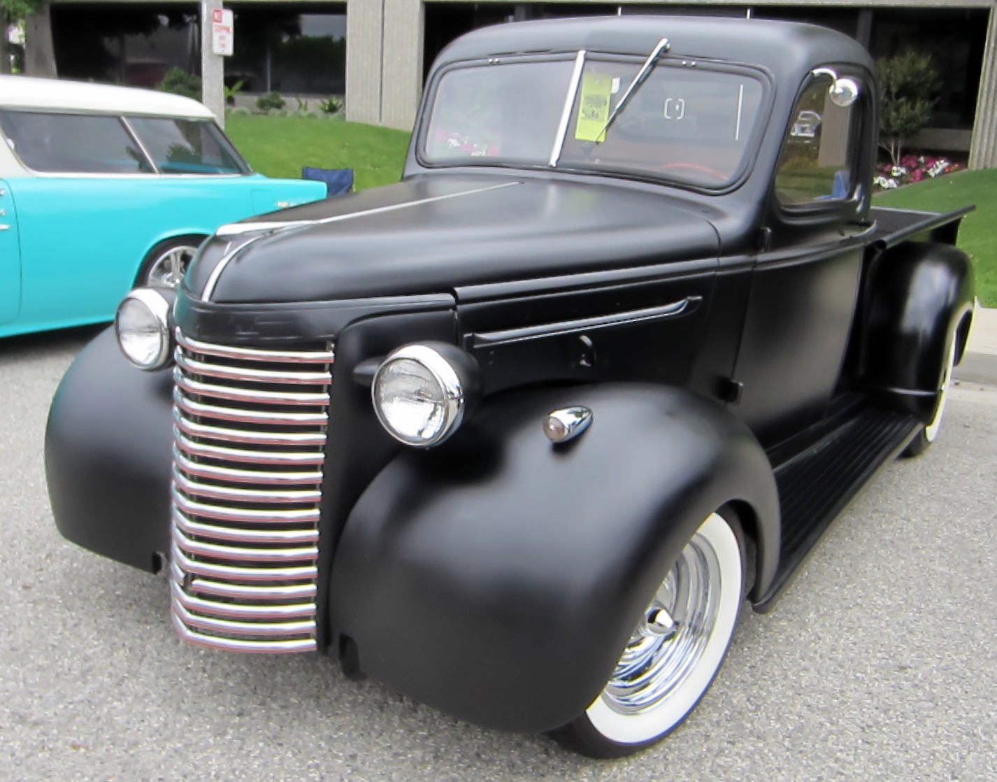 A satin black early 30s Chevy pickup