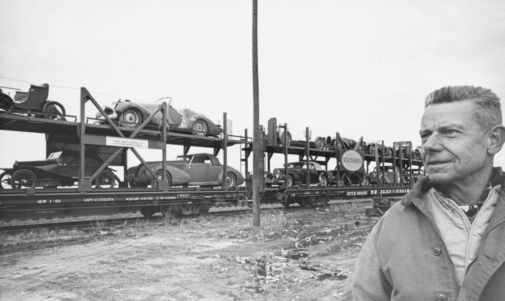 American collector John Shakespeare with his 30 Bugattis as they were loaded onto a train on March 30, 1964.  
