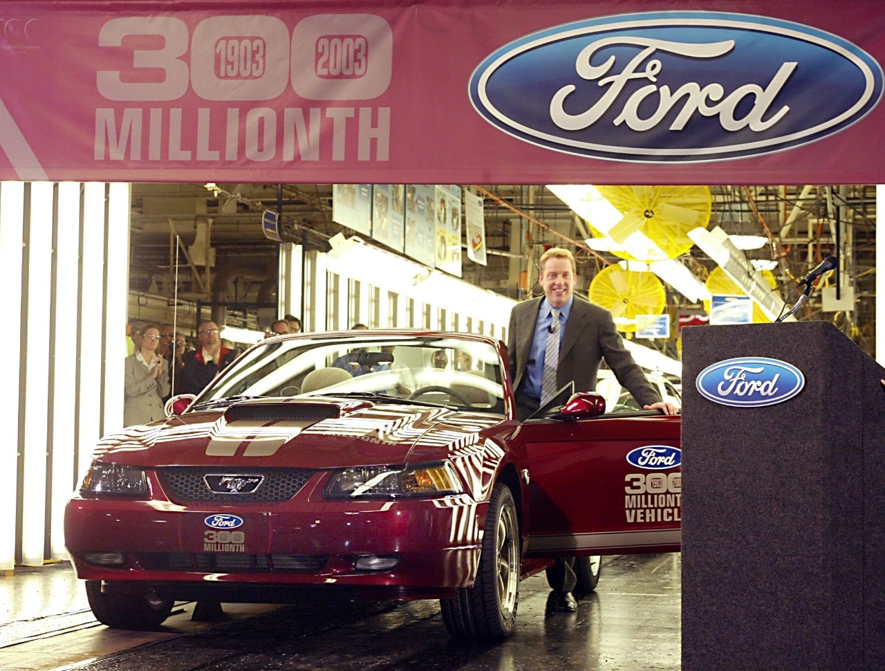 The 300 millionth Mustang rolls off the factory line with Bill Ford leading the way