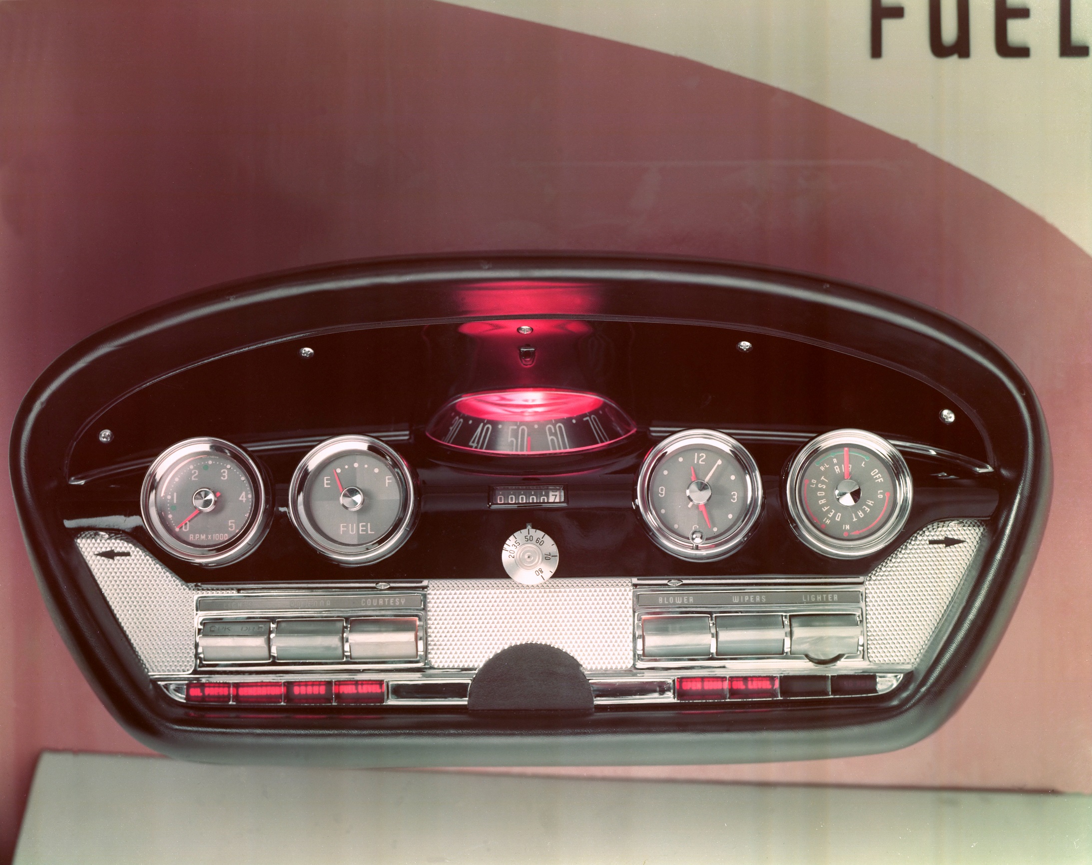 This image shows the Edsel gauge display and the rolling-dome speedometer