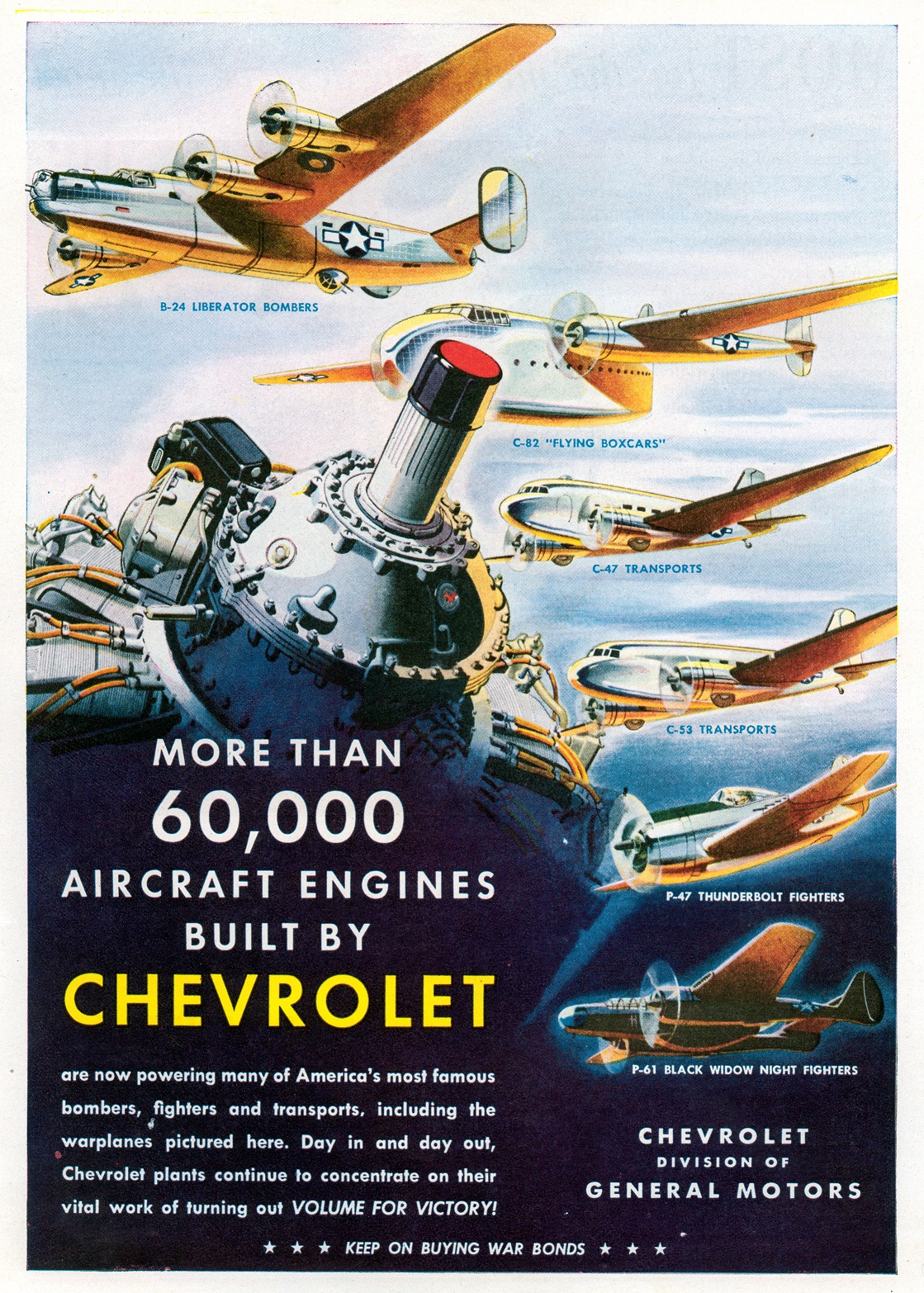 Print advertisement of GM's contributions to
“An Arsenal of Democracy.” Between 1942 and 1945.