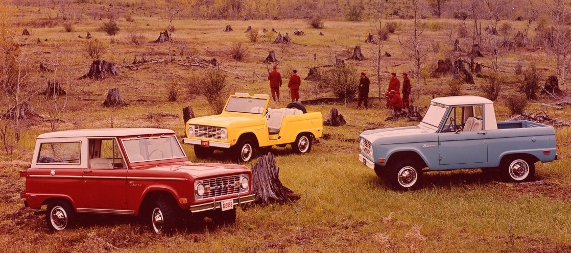 The first-generation Bronco was sold in three body styles: two-door wagon, half-cab pickup and open-body roadster. 