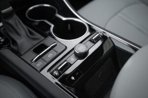 The center shift console in the K5 has useful storage and wireless charging