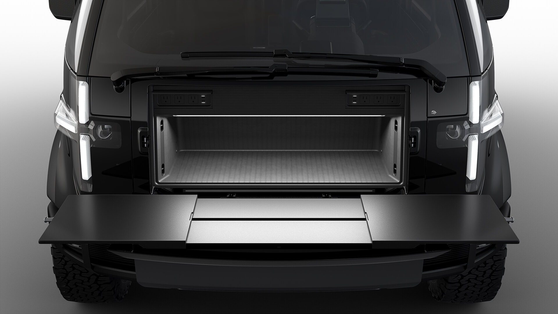 Workbenches at the front and rear tailgates have with power plug-ins