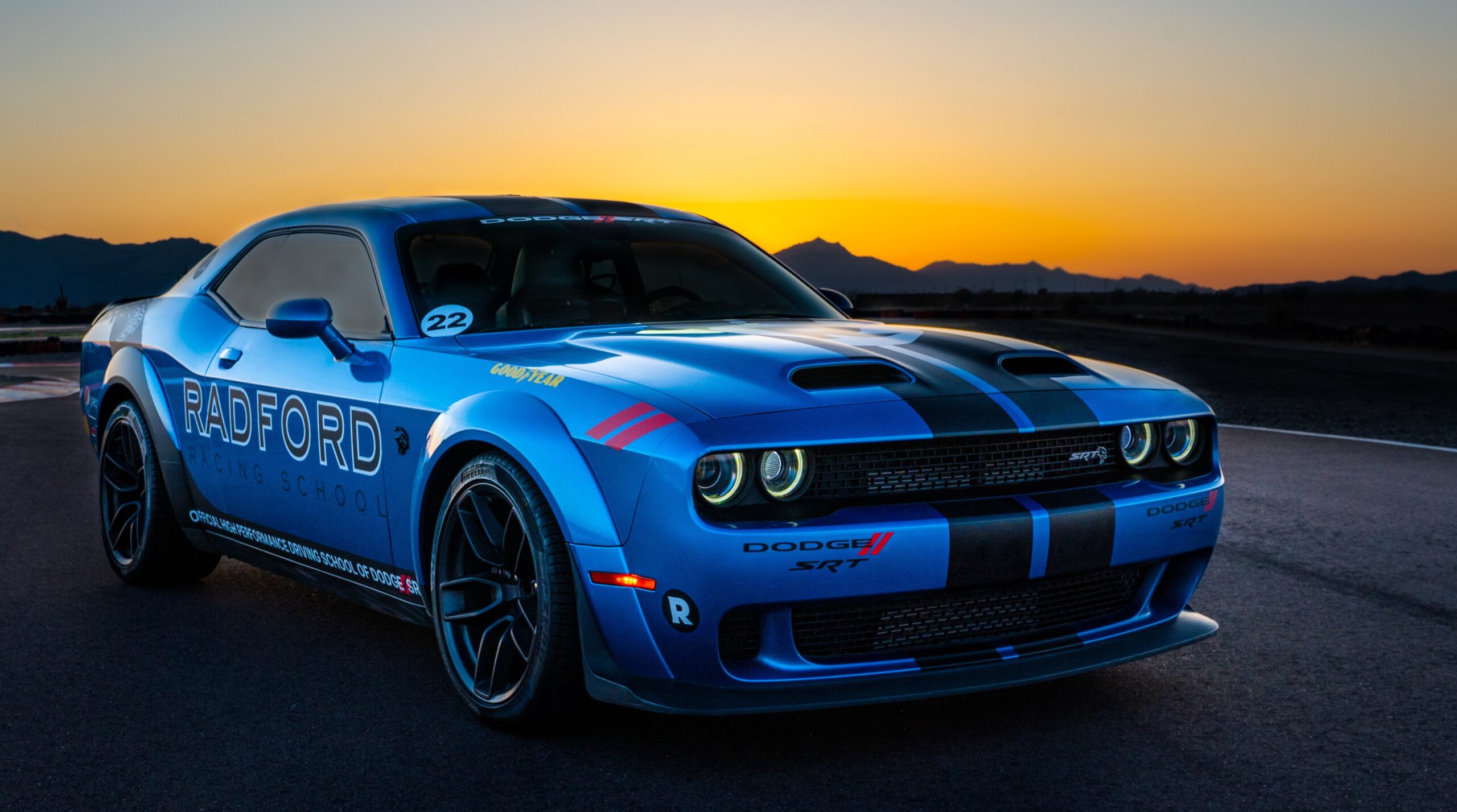 A front view a Radford school Dodge Challenger