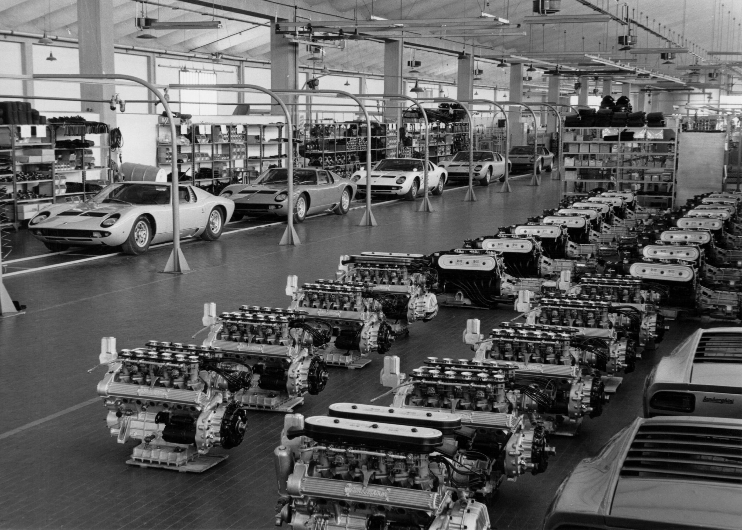 The Lamborghini Miura production line in 1965.