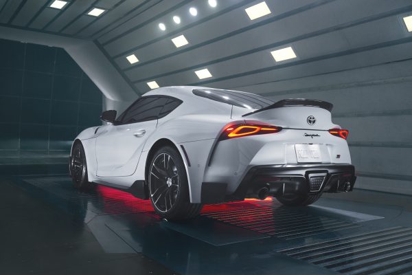 A rear view of the Supra A91 CF to the show the duckbill spoiler