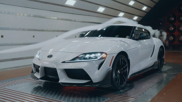 An exterior view of the Toyota GR Supra A91-CF Edition in wind-tunnel testing