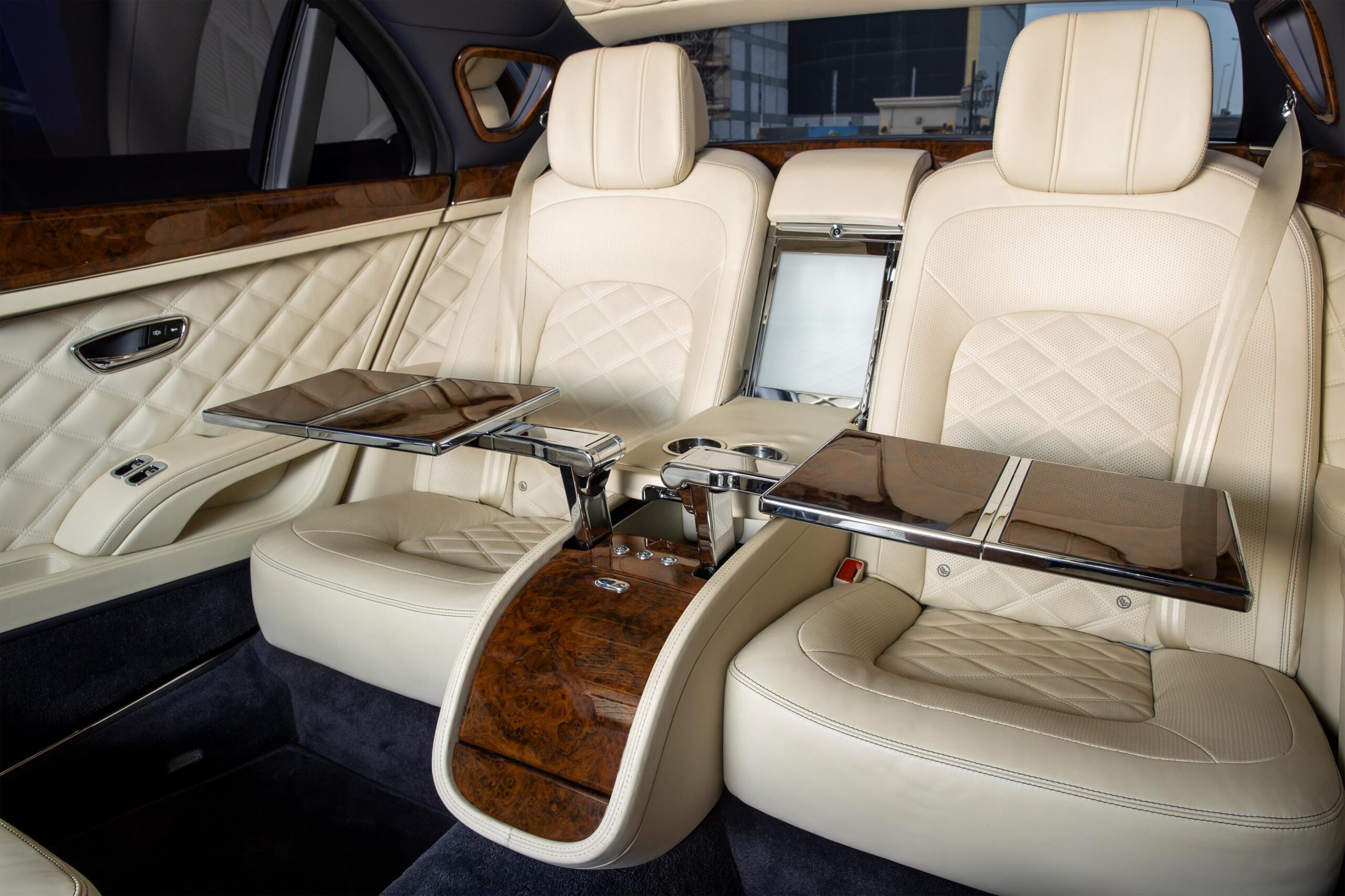 Back seat picnic tables in the Grand Mulsanne limo.