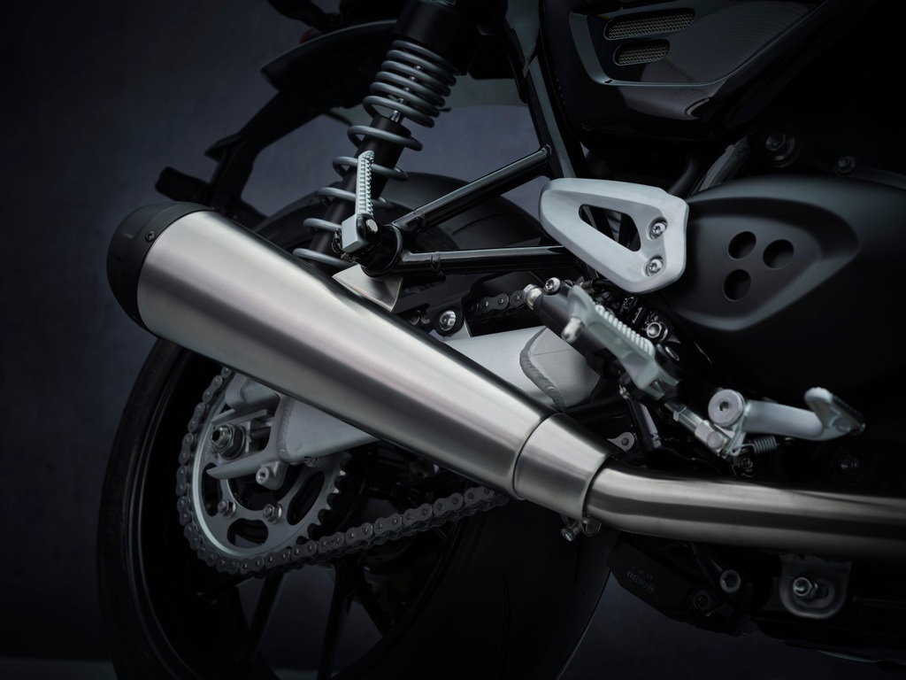 Brushed stainless-steel twin upswept exhaust silencers