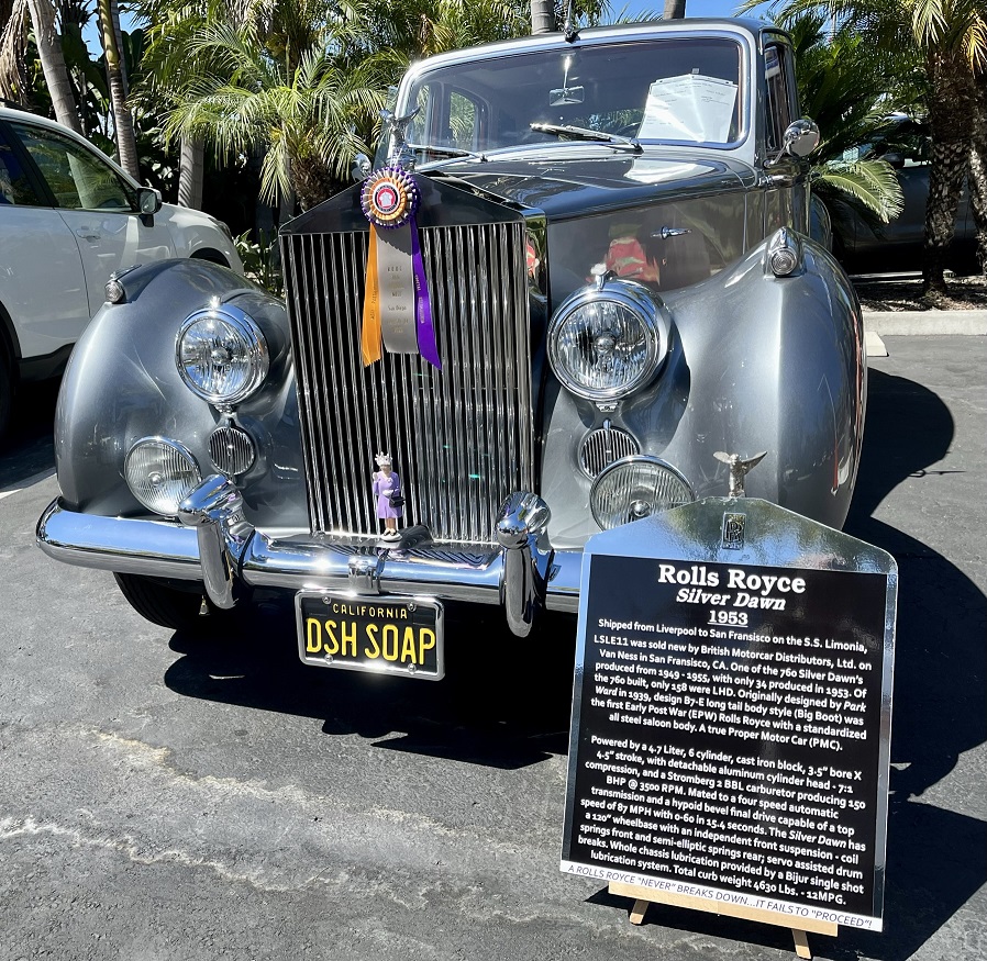 A 1953 Silver Dawn with a clever license plate "DSH SOAP"