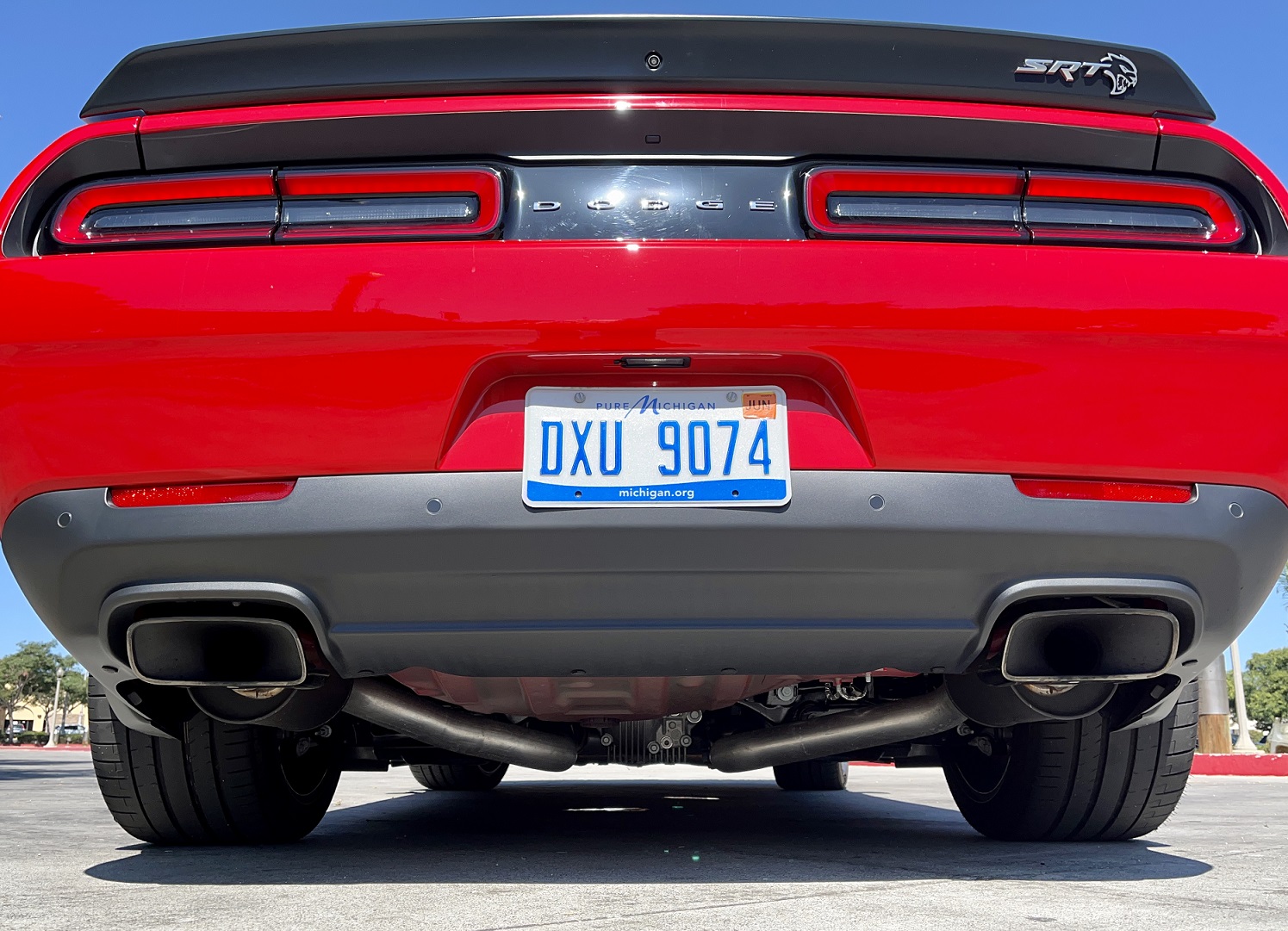 A underbody view of the Challenger exhaust system