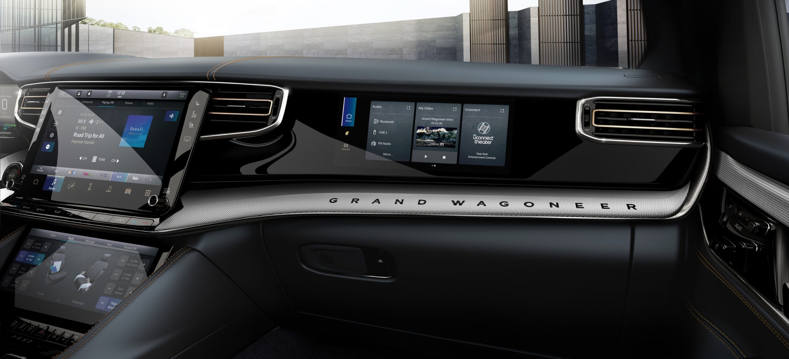 The passenger side 10.25 inch wide touch screen of controls