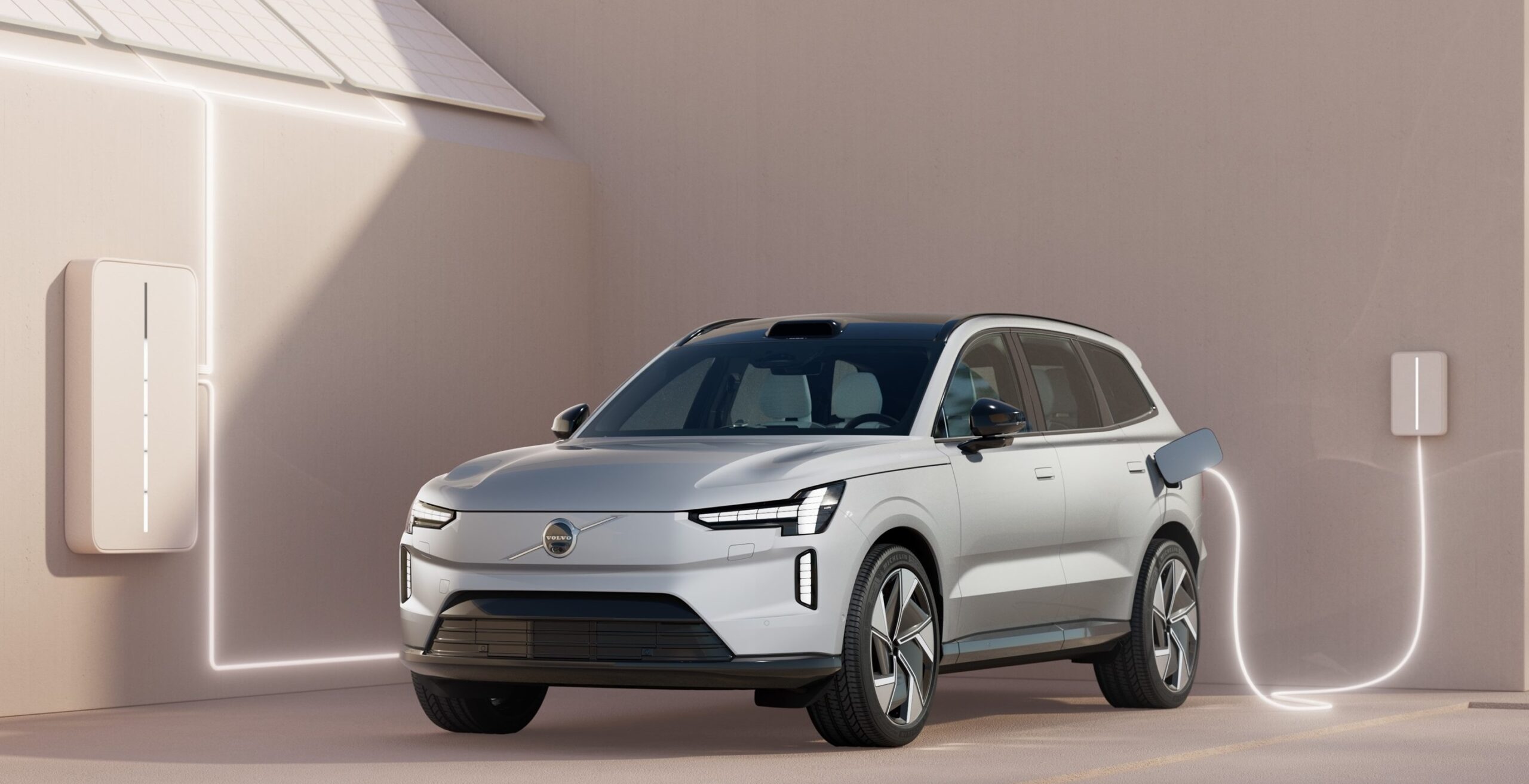 The 2024 Volvo EX90 is the company’s vision of a large family SUV in the electric age. A home energy management system features a bi-directional wall box to power a home.