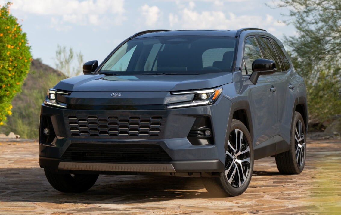 The 2026 RAV4 Hybrid in Storm Cloud gray.
