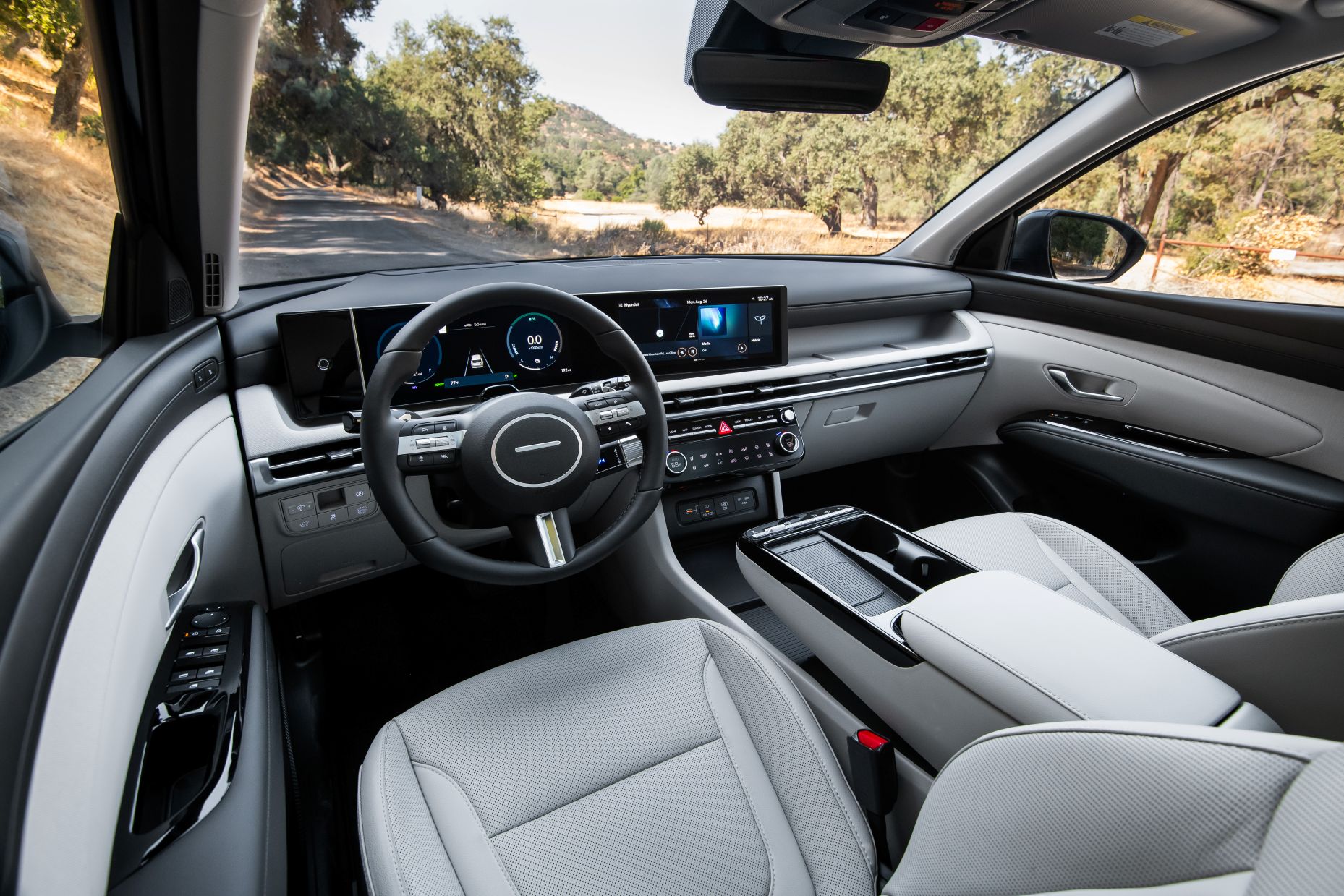 Looking at the light gray and black front seat area