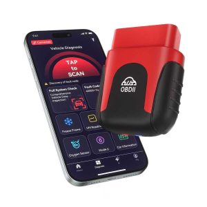 Rocco is a two-part smart device. The small scanner plugs into a vehicle’s OBD-II port. And then, using the free smartphone app, the user can scroll through the interface.