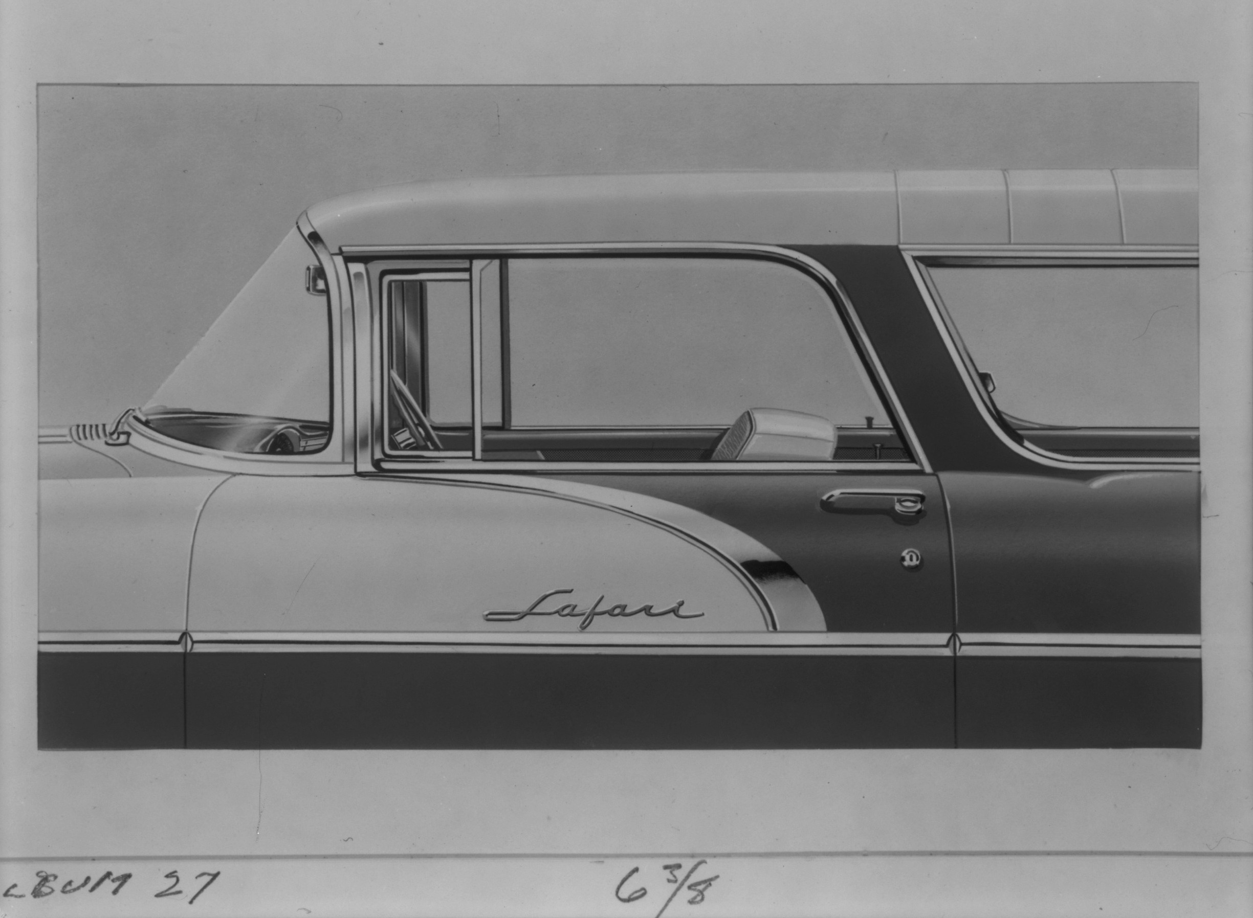 An artist’s black and white rendering of a close up of the safari front door showing the Safari nameplate.