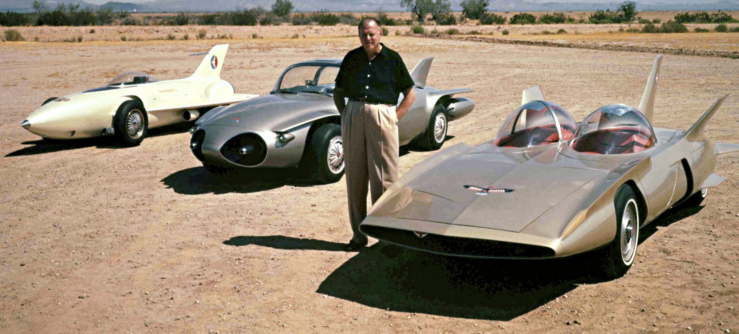 GM design chief Harley Earl with concepts for the Firebird 1, Firebird II, Firebird III.