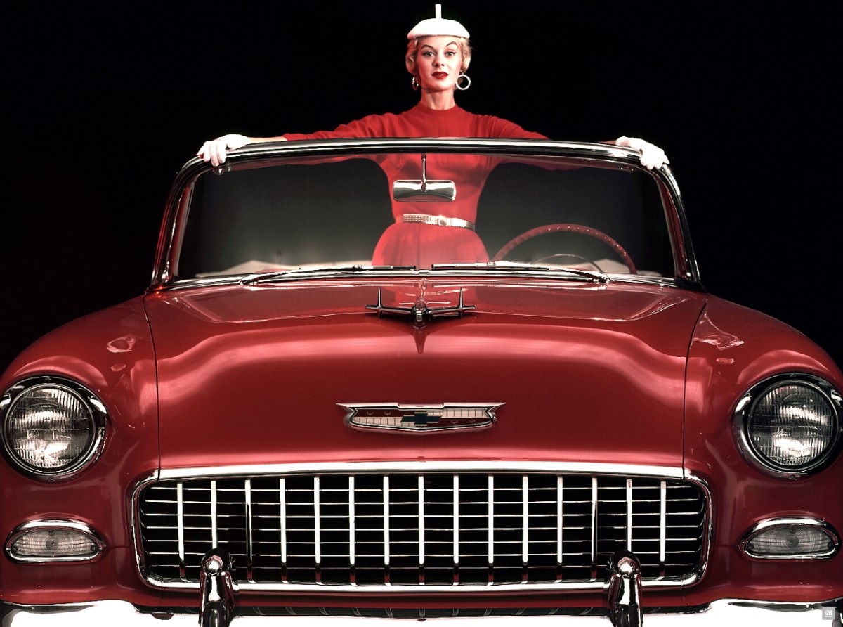 A 1955 Chevrolet BelAir convertible shows the new eggcrate grille.