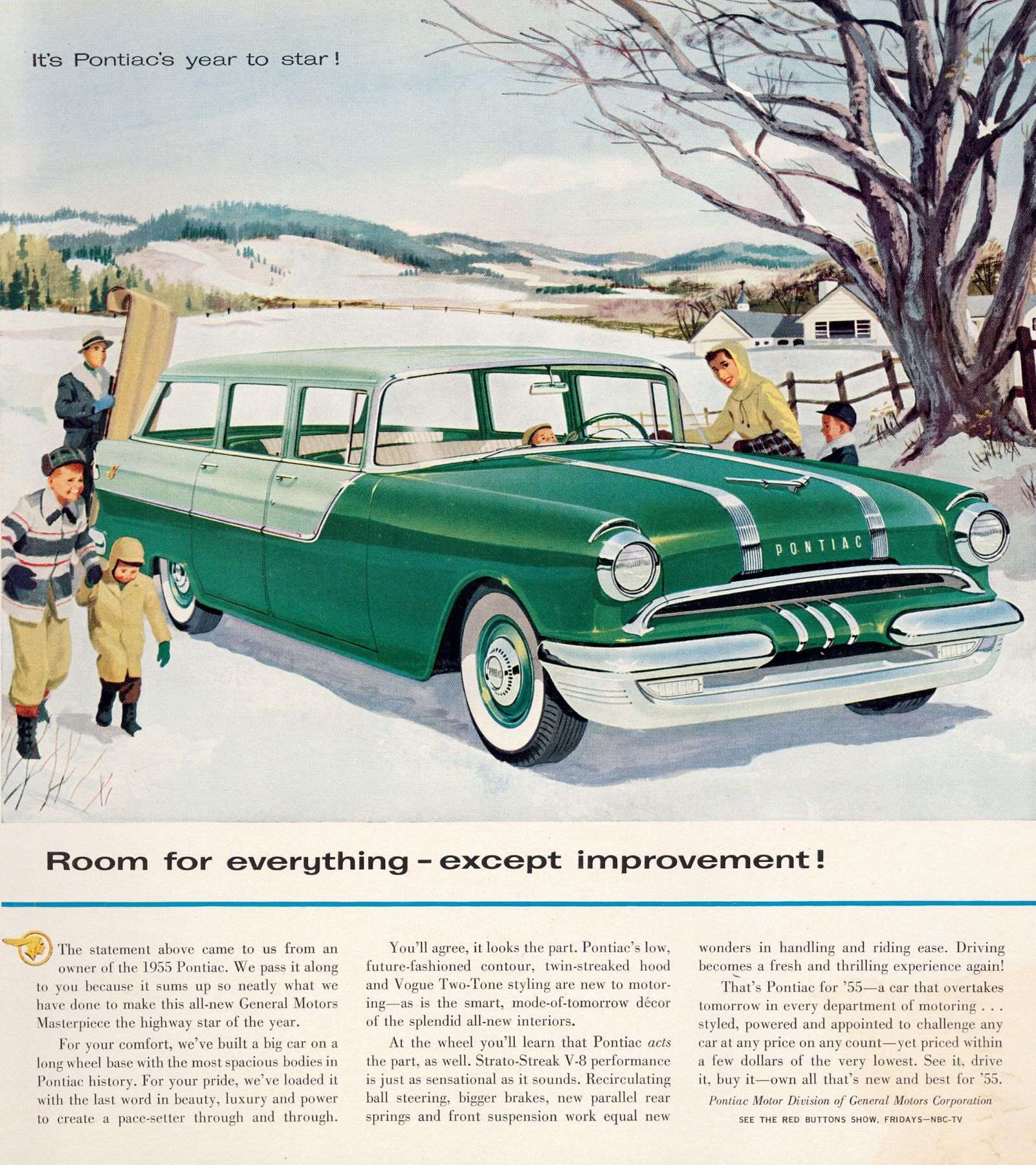 A color 1955 print ad for the new four-door Pontiac Safari in two tone green and light green: “Room for Everything Except Improvement.”