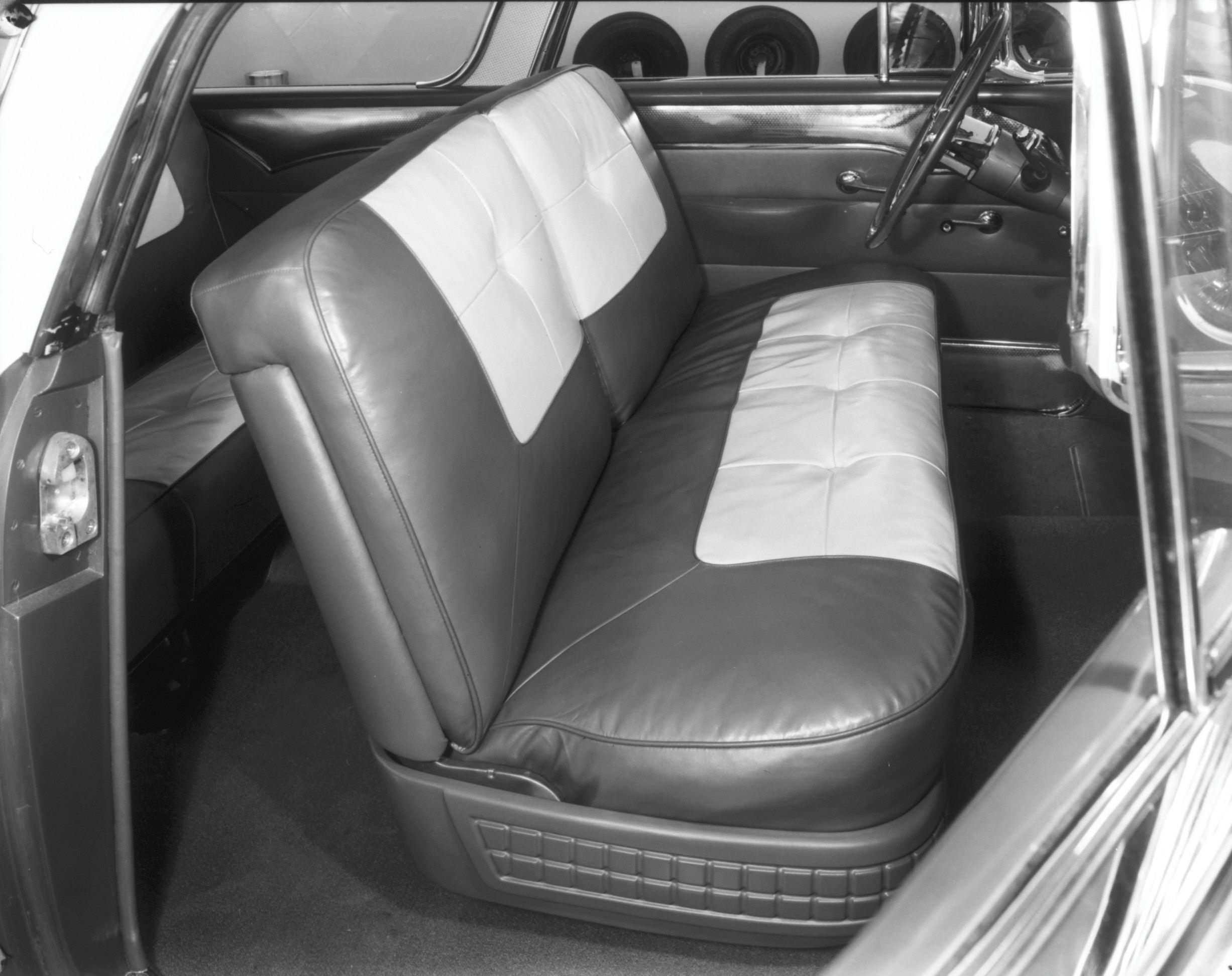 A black and white image showing the two tone leather upholstery in a 1955 Pontiac Star Chief Custom Safari leather upholstery.