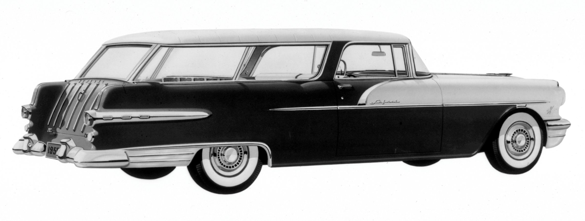 A black and white cutout of a 1955 Pontiac Star Chief Custom Safari (Series 27)