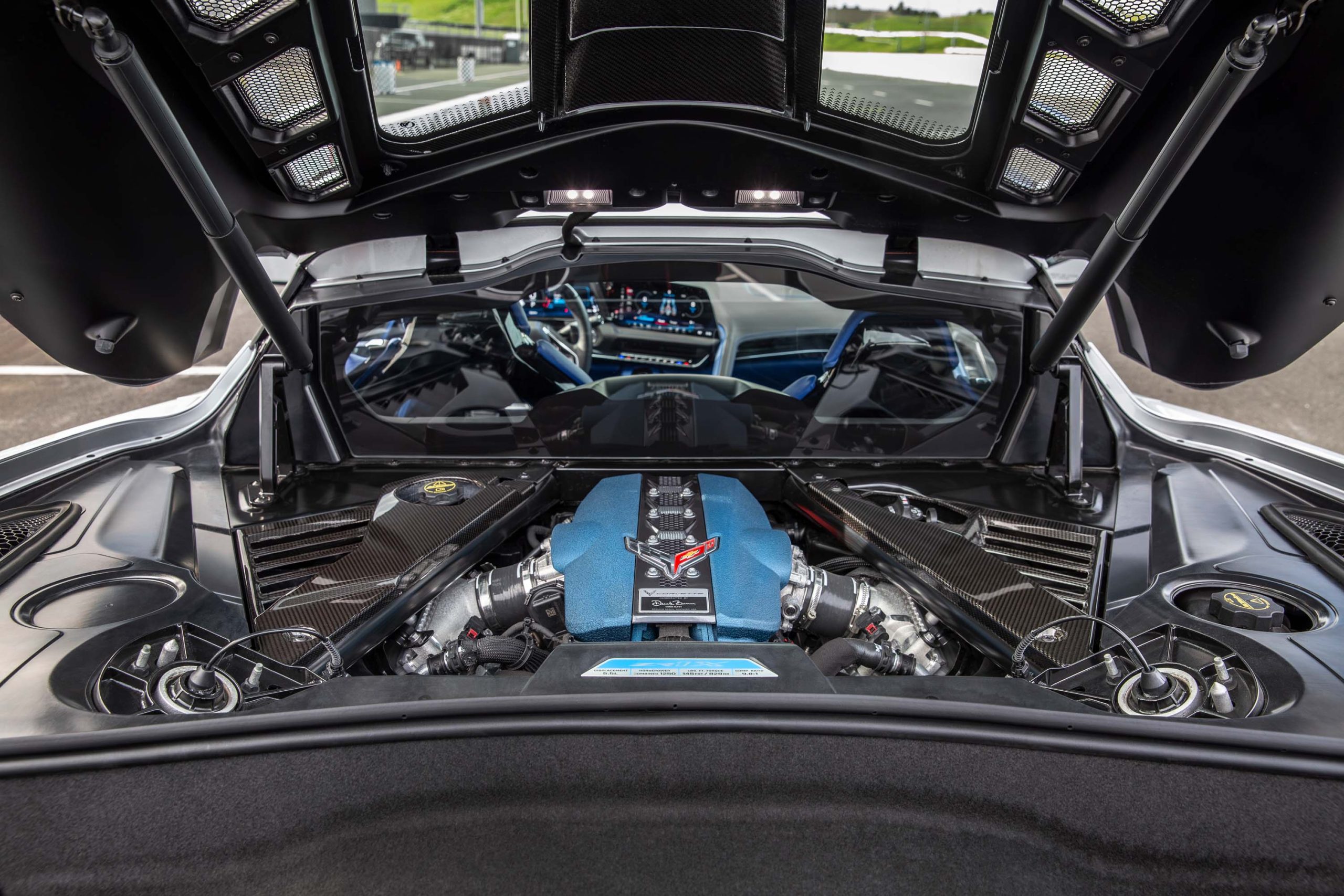 The engine compartment of a production version Corvette ZR1X.