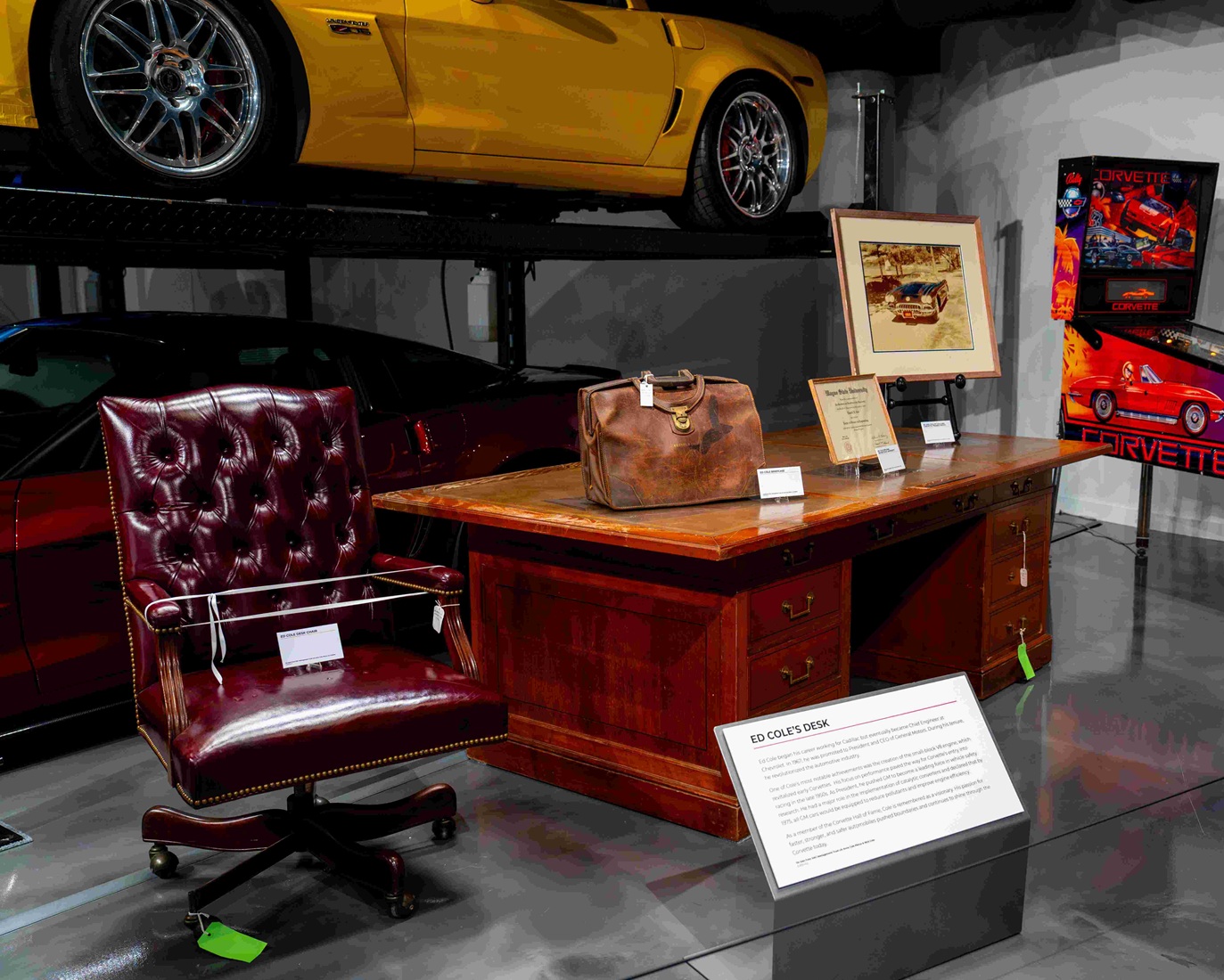 Ed Cole was CEO of General Motors from 1967 to 1974, put the small-block V-8 in early Corvettes. His heavy wooden desk is i the museum with his leather tufted desk chair