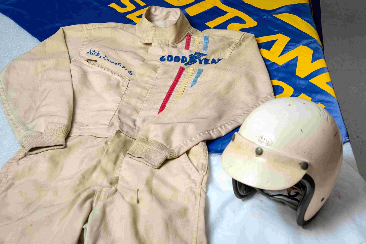 Dick Guldstrand’s blue pre-Nomex racing suit is an early safety feature in the blood sport of motorsports.