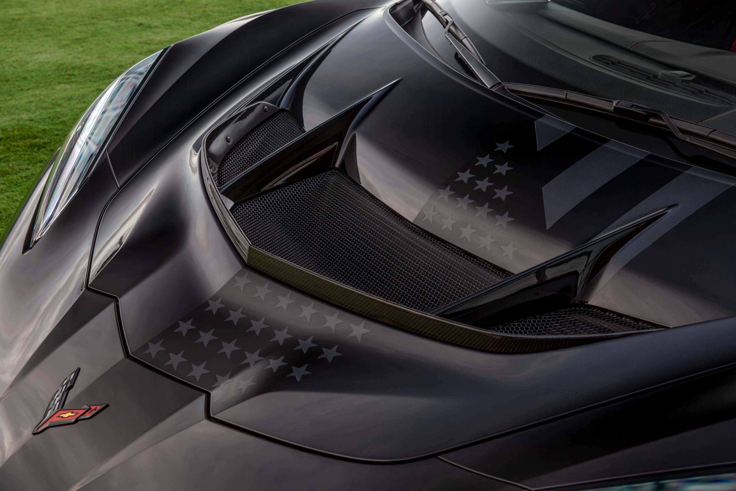 Looking at a closeup of the hood with black graphics of the The Stars and Steel Collection