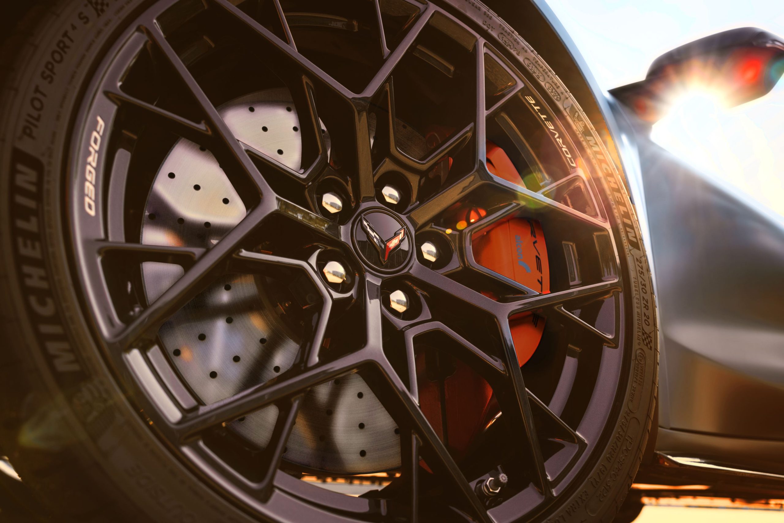 Orange painted calipers on 2026 Chevrolet Corvette ZR1X Quail Silver Limited Edition.