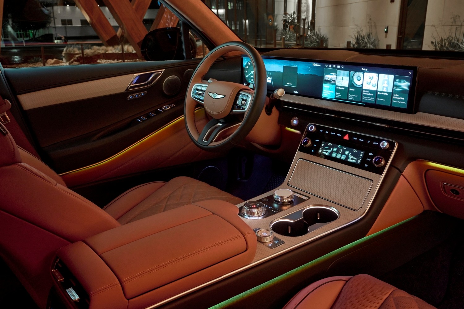 Looking at the tan Nappa leather upholstery of the driver area.