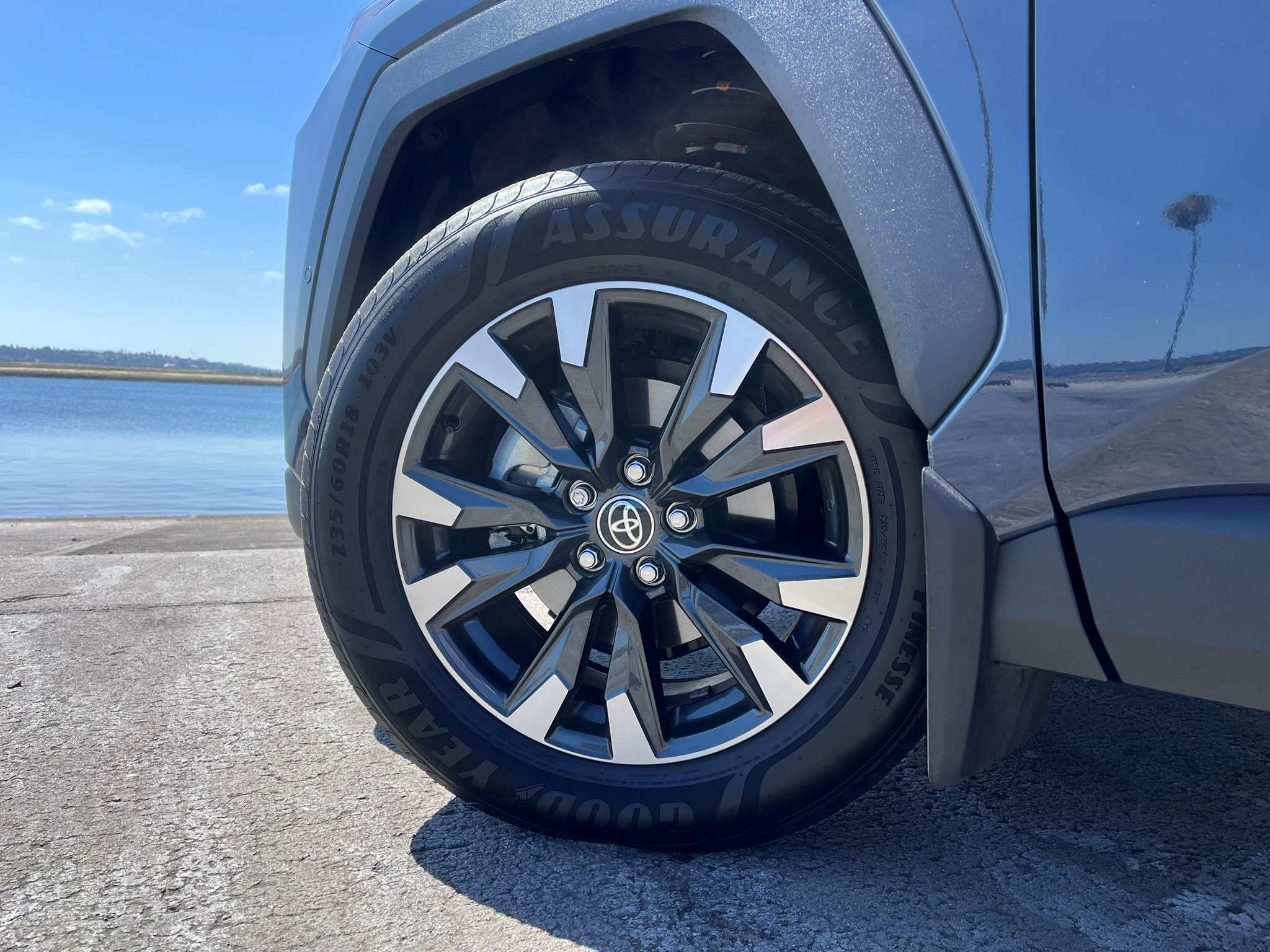 Looking at the 18-inch alloy RAV4 front left wheel with low rolling resistance Goodyear Assurance Finesse all-season tires 