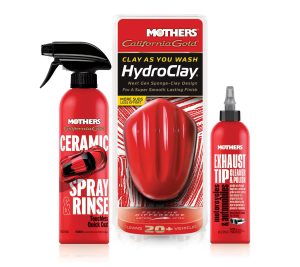 A three piece grouping of Mothers hydro clay, ceramic spray and exhaust tip polish